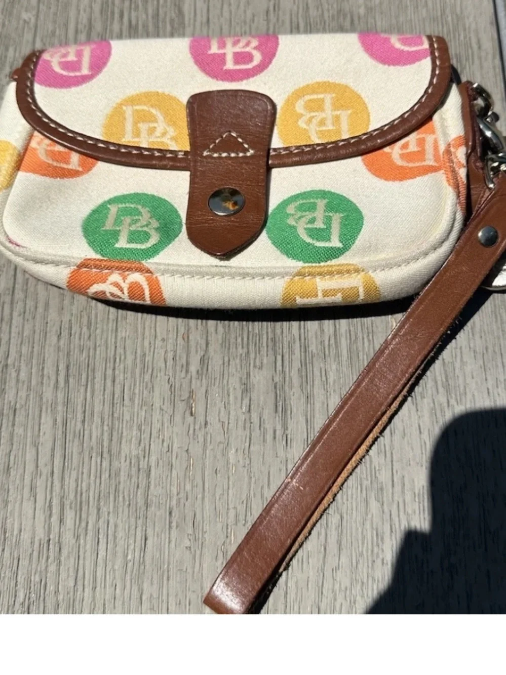 Vintage Dooney & Bourke Rainbow Monogram  Logo Dot Wristlet Cream & Brown Trim